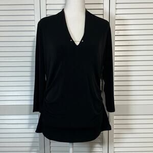 NWT New York & Company Black V-Neck ¾ Sleeve Tunic Blouse Women M